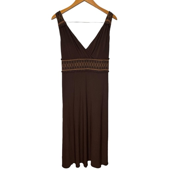 Adrianna Papell Brown Vneck Embroidered Sleeveless Maxi Dress w/ Tie 14 - Picture 1 of 10